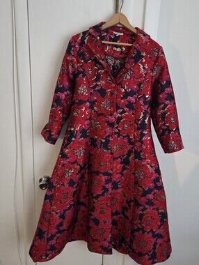 Frances Valentine Red Floral Brocade Jacquard Metallic Trench Coat Size Small